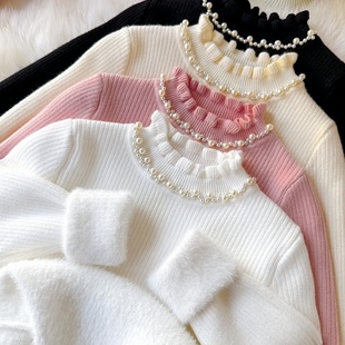 女童打底毛衣一体绒2025冬装新款儿童毛衣加绒女宝花边领毛衫加厚