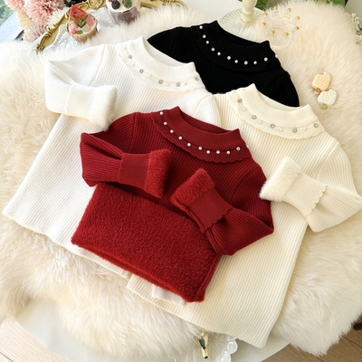2025冬季女童一体绒毛衣加绒加厚钉珠圆领儿童针织打底衫保暖上衣