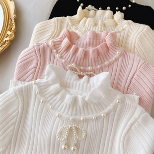 女童毛衣打底衫套头半高领长袖纯色春秋款2025宝宝花边领毛衫甜美