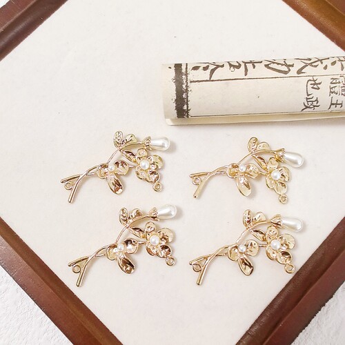 古风梅花花枝嵌珍珠铜挂件diy发簪胸针配件汉服头饰流苏连接花片