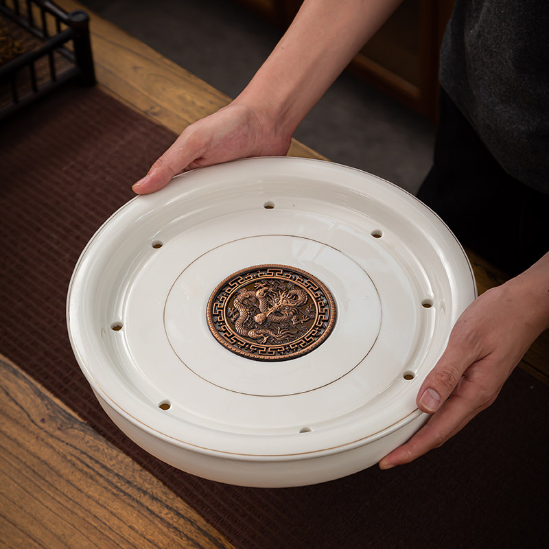 羊脂玉瓷茶盘潮汕大号圆形双层储水陶瓷茶船家用简约功夫茶具茶台