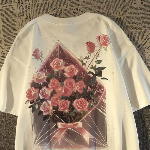 美式复古信封玫瑰纯棉短袖t恤宽