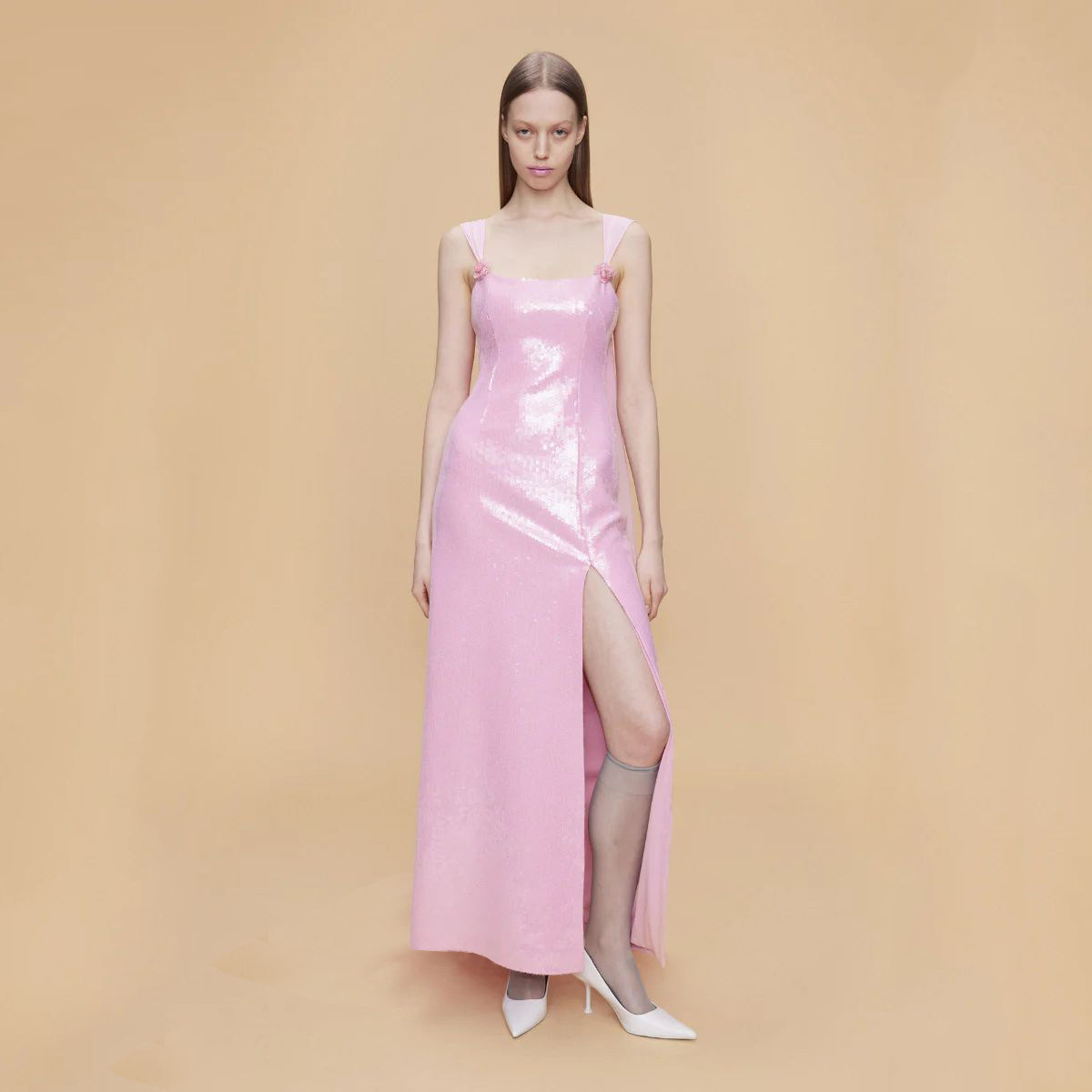 NUEE设计师款粉色亮片开叉吊带连衣裙女生日年会宴会伴娘礼服长款