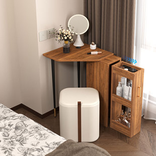 小户型卧室转角梳妆台一体床头柜三角小化妆桌带轮子副柜拐角中古