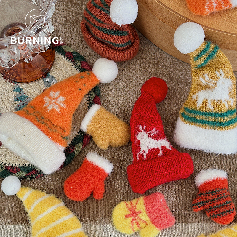 贝影 圣诞节装饰毛线迷你圣诞帽毛绒手套迷你圣诞树DIY材料花艺