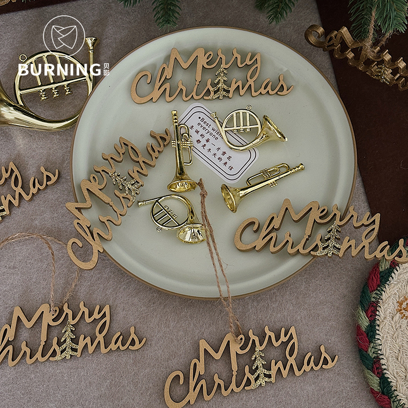 贝影 新款圣诞节装饰挂牌树脂星星老人乐器挂件diy节日配件木牌