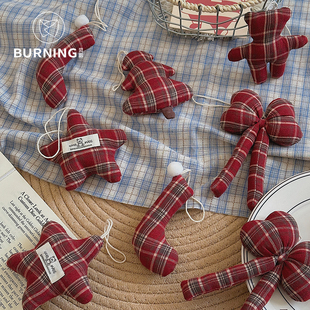 饰 挂件深红格布艺圣诞树星星车挂节日装 贝影 原创25年圣诞新品