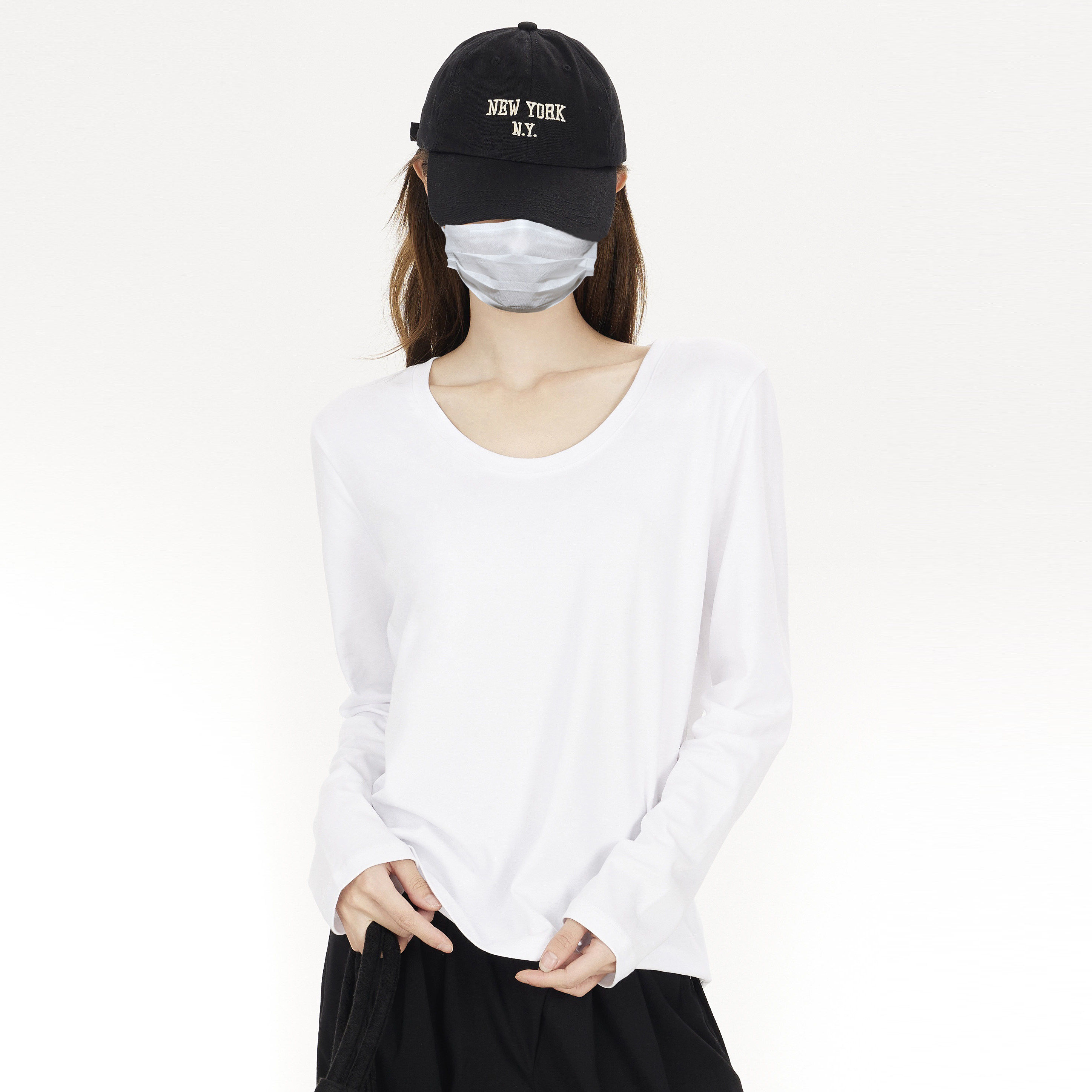 白色韩版宽松长袖T恤女春季小个子U领简约百搭显瘦纯色正肩打底衫