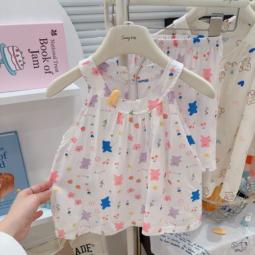 夏季薄款女童棉绸吊带裙套装女孩背心短裤韩版洋气宝宝透气两件套