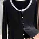 短外套短上衣 女夏配吊带裙外搭披肩圆领花边长袖 黑色防晒开衫 薄款