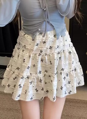 甜美腰蝴蝶结蕾丝半身裙女夏季新款白色蛋糕裙A字裙小个子短裙