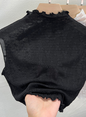 2025款无袖背心叠穿内搭上衣高领蕾丝假领子女夏季木耳边打底衫