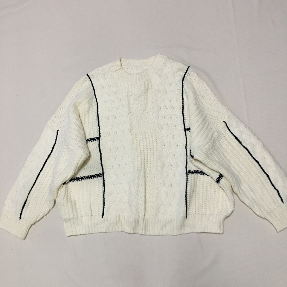 样衣无标 白色设计感线条装饰圆领针织衫毛衣 复古休闲学院慵懒风