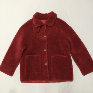 羊毛颗粒 酒红色深红色机车款翻领长袖厚实毛毛短外套 休闲可爱