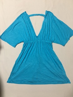 宽松收腰连衣裙 us超美湖蓝玫红色大V领短蝙蝠袖 外贸原单 欧美Ven