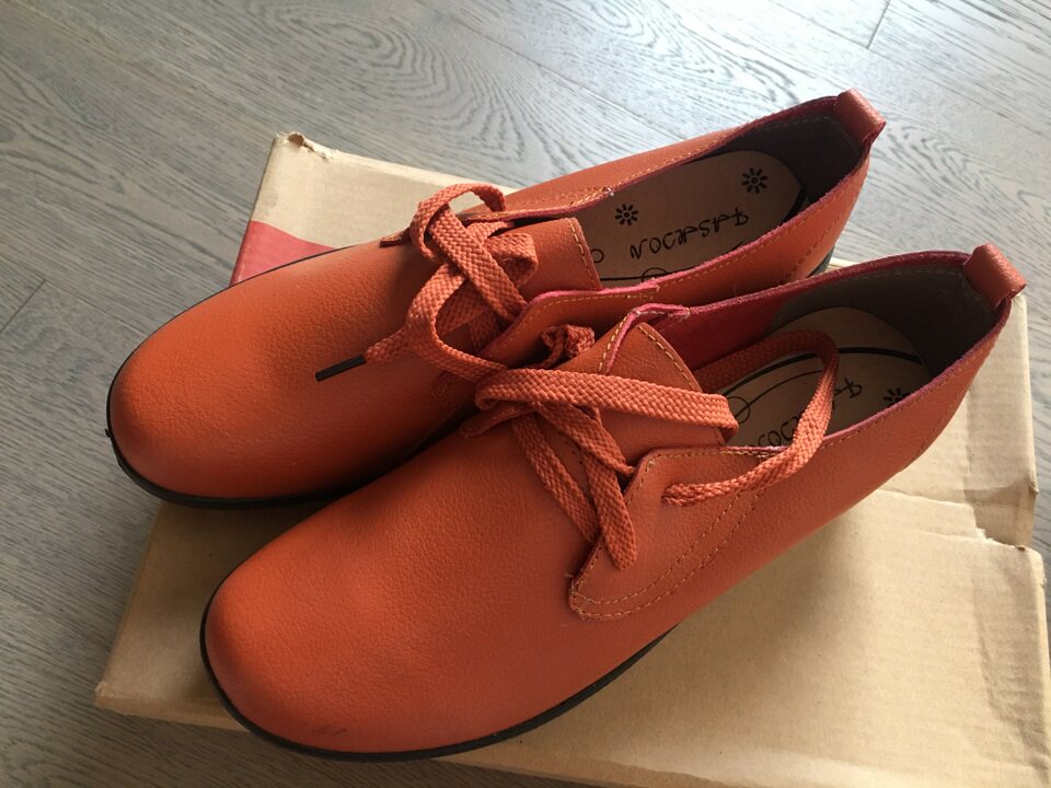 橙色二层皮圆头柔软系带休闲鞋 适合37码瘦脚