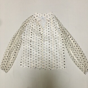 样衣无标 淡黄色波点印花蕾丝小V领衬衫衬衣 甜美可爱 小码