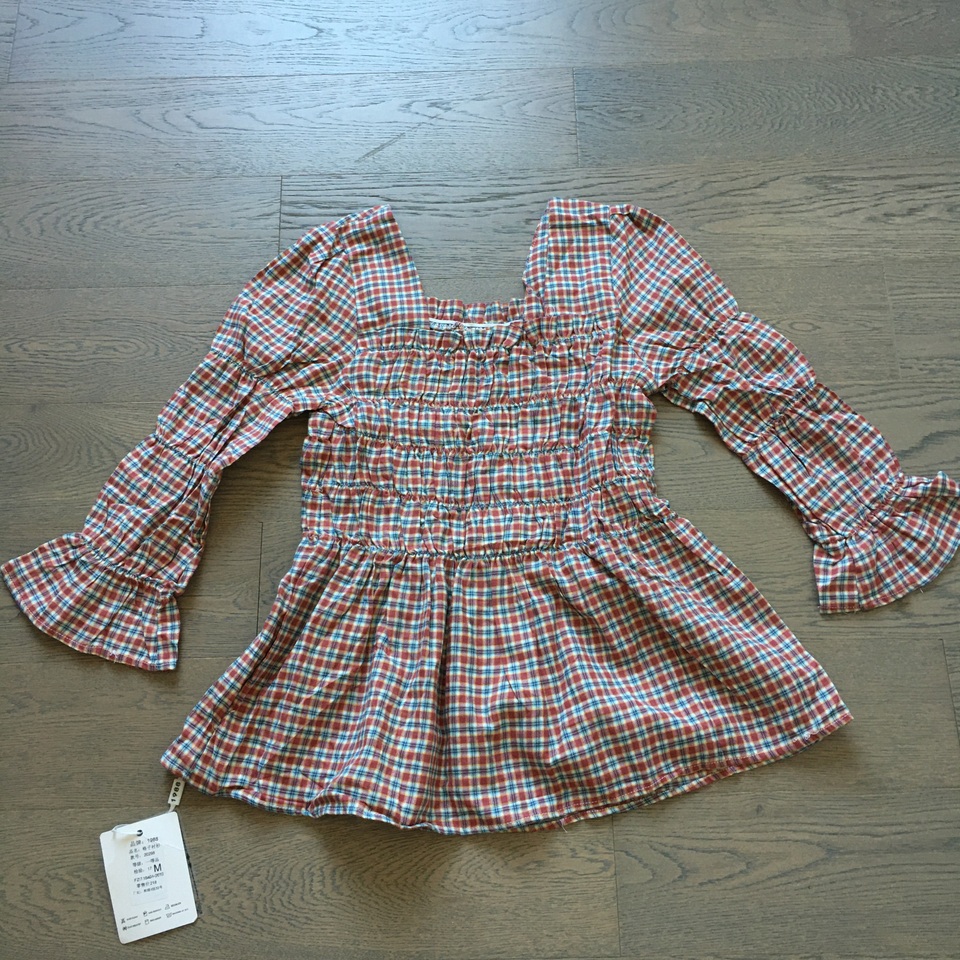 舒适棉布 经典森系格纹小方领打褶抽褶中袖衬衫衬衣T恤 可爱甜美