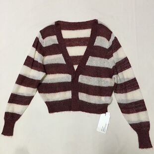 40马海毛30羊毛混纺 简约经典横条纹薄款镂空针织衫开衫 休闲百搭