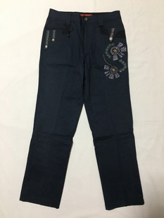 专柜品牌 复古风格 精致棉弹深蓝色重工刺绣钻饰休闲铅笔九分长裤