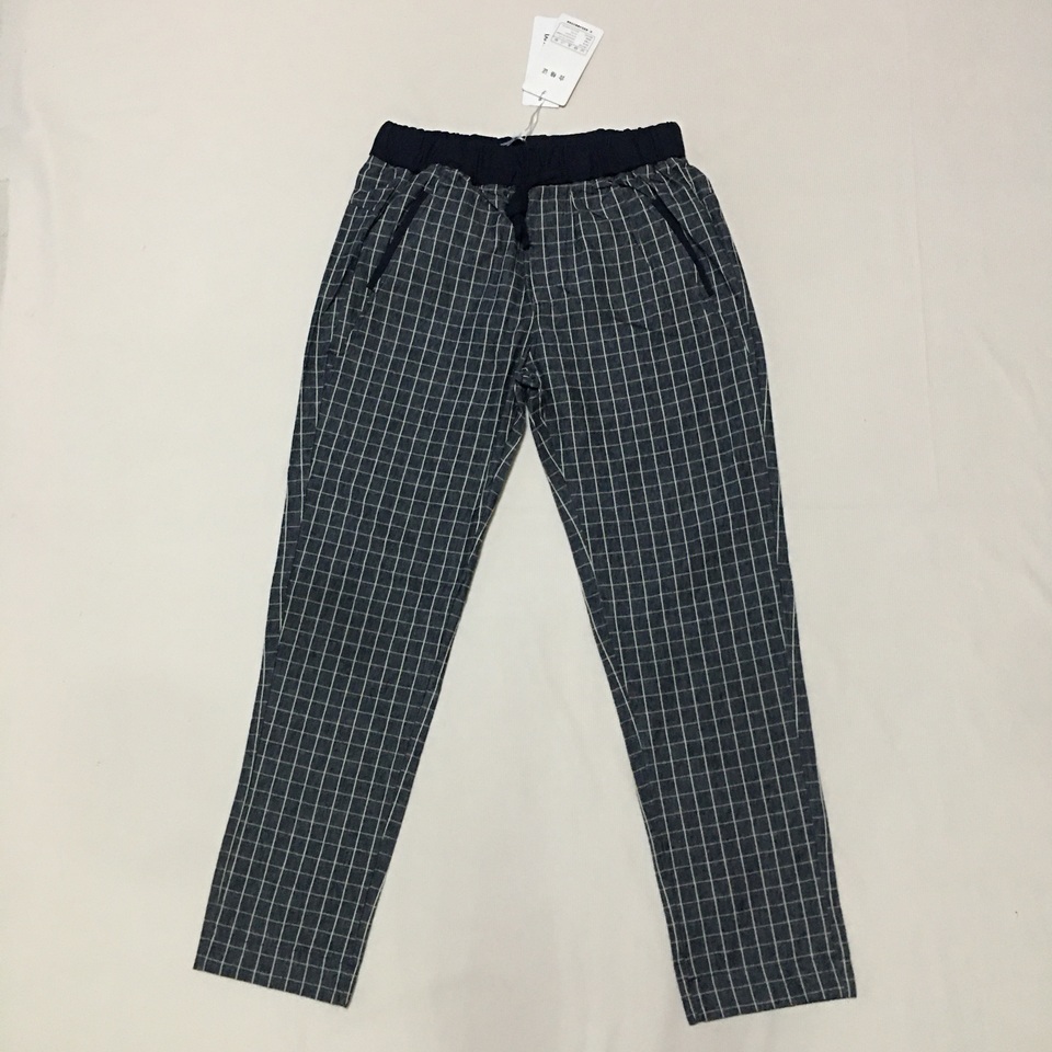 舒适松紧腰系带棉布之地 经典格纹直筒休闲长裤居家裤