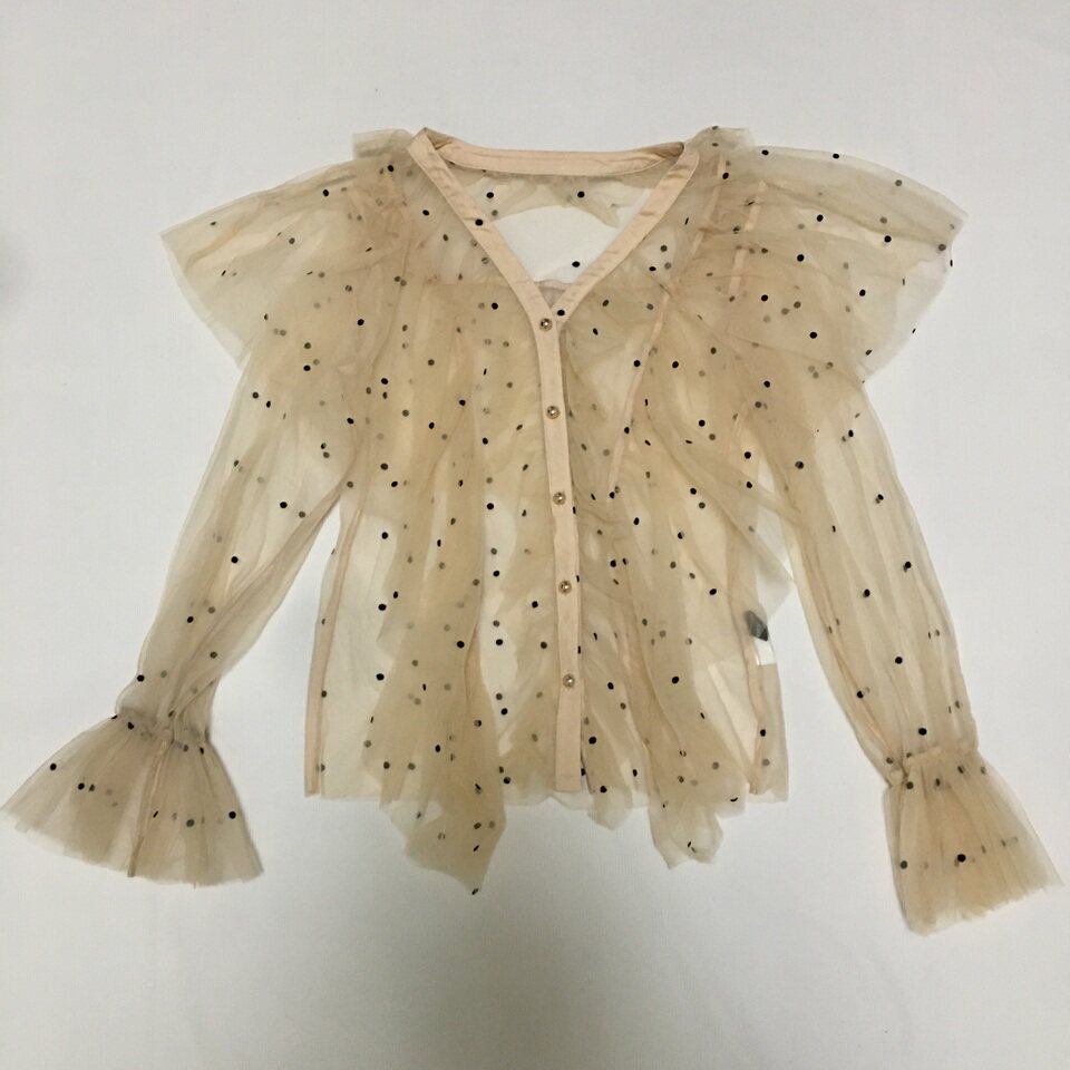 样衣无标 米色荷叶边欧式甜美公主风网纱透视长袖衬衫衬衣 小码