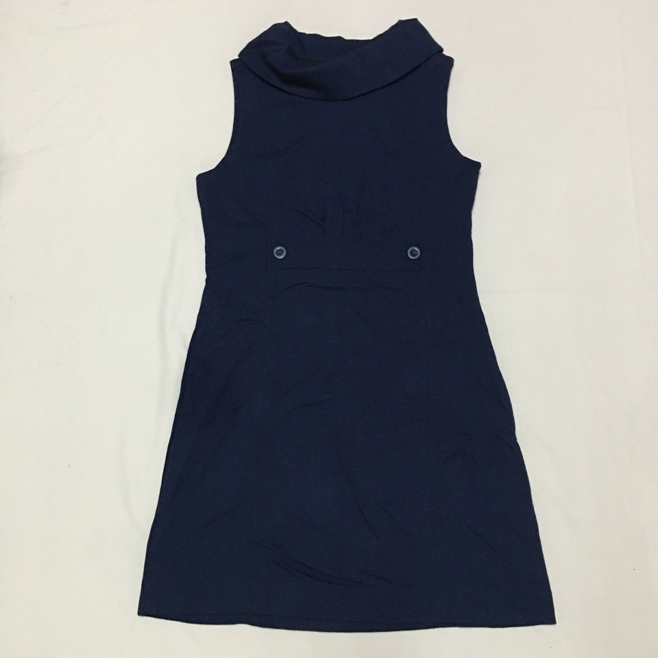 样衣无标 百分百纯棉深蓝色复古小翻领无袖连衣裙 气质简约