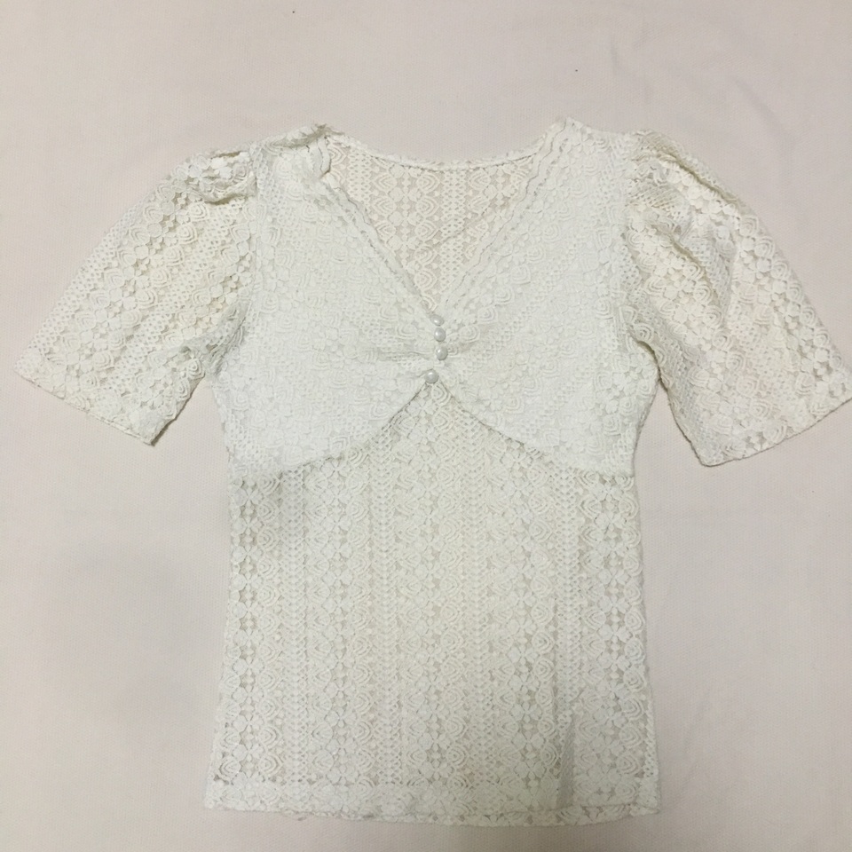 样衣无标 米白色V领短袖蕾丝衫透视T恤 修身收腰 小码