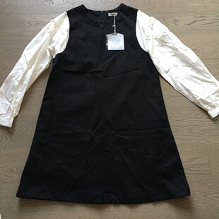 品牌女装 假两件质感黑白撞色连衣裙挺括有型衬衫花边长袖 学院风