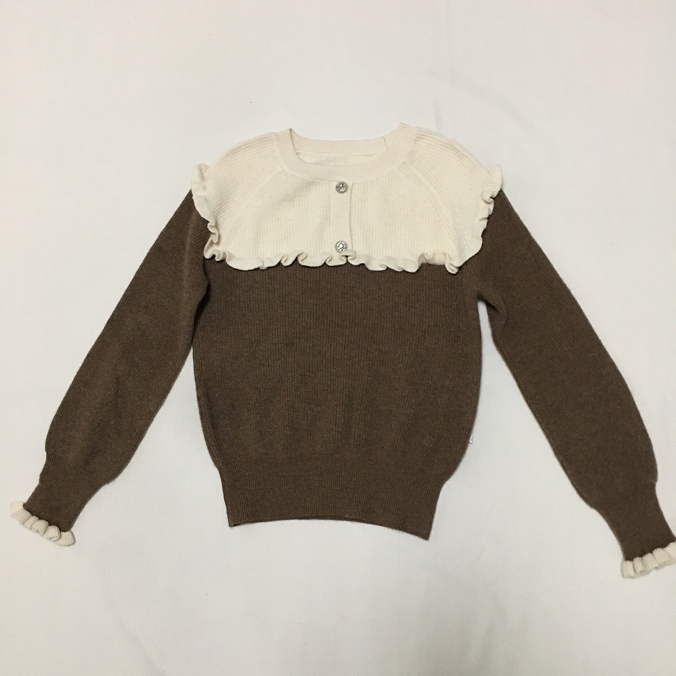 样衣无标 甜美木耳边褶皱喇叭袖撞色针织衫 甜美淑女优雅 小码