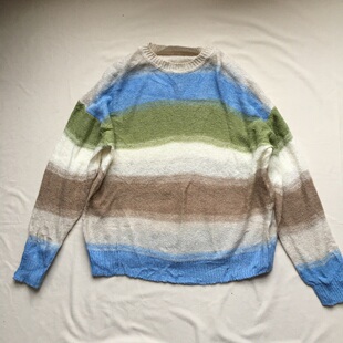 28羊驼毛22马海毛混纺 彩色横条纹渐变薄款套头宽松休闲针织衫