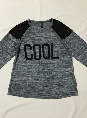 外贸原单 Bl*ueSteel圆领长袖灰色仿麓皮拼接字母印花针织休闲T恤