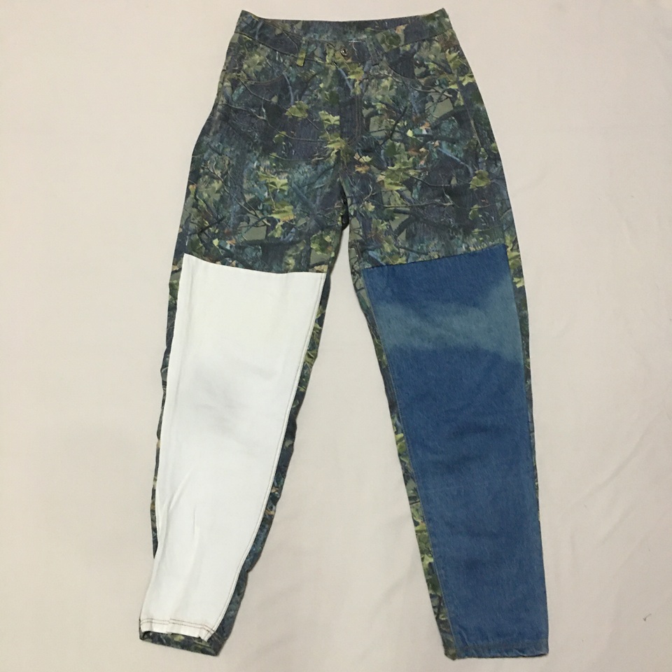 样衣无标 原创设计感不规则拼接撞色印花牛仔休闲裤哈伦裤 微瑕