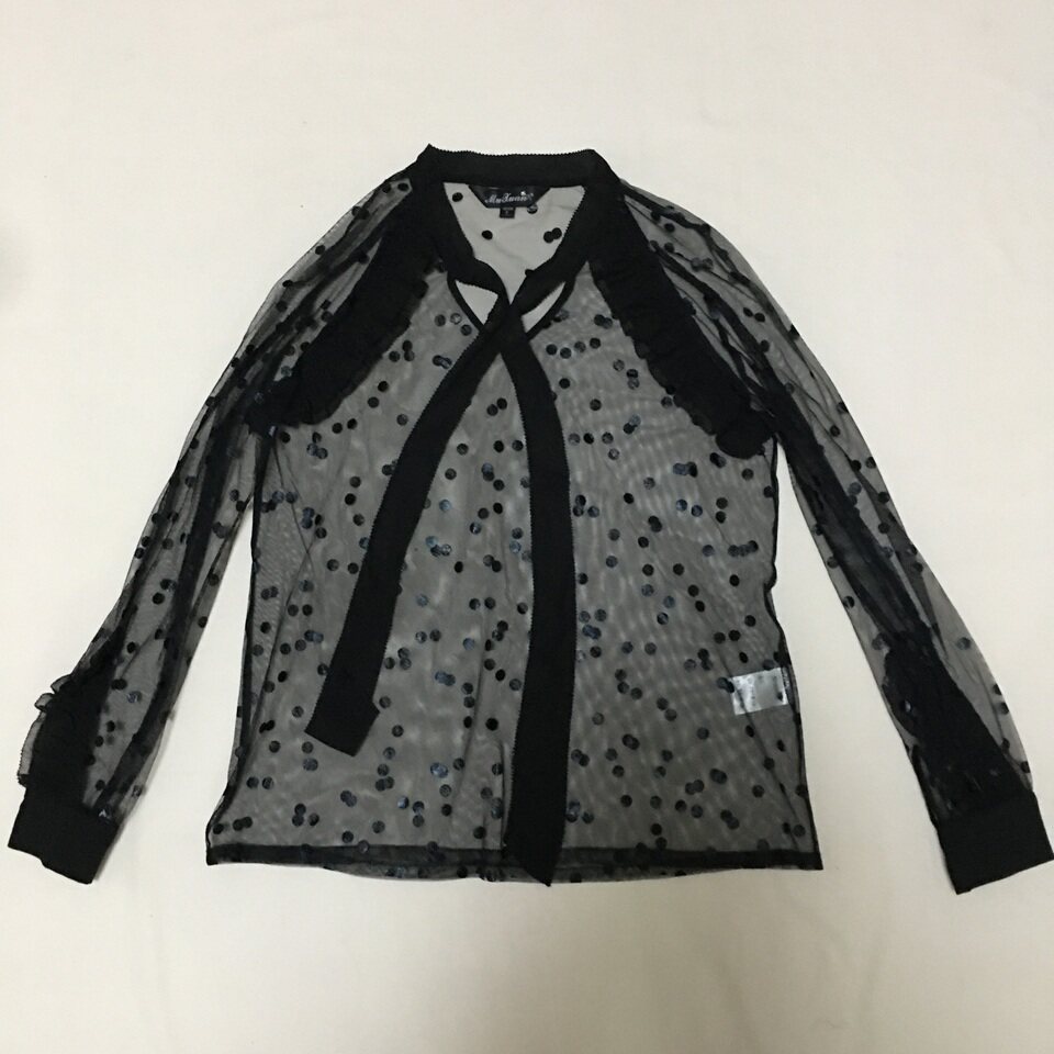 样衣无标 黑色波点网纱蕾丝透视长袖T恤 柔美飘带系带甜美纯欲