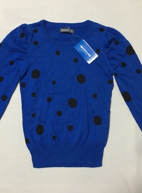 源159 蓝色波点泡泡袖纯棉圆领针织衫T恤 可爱甜美减龄 大童