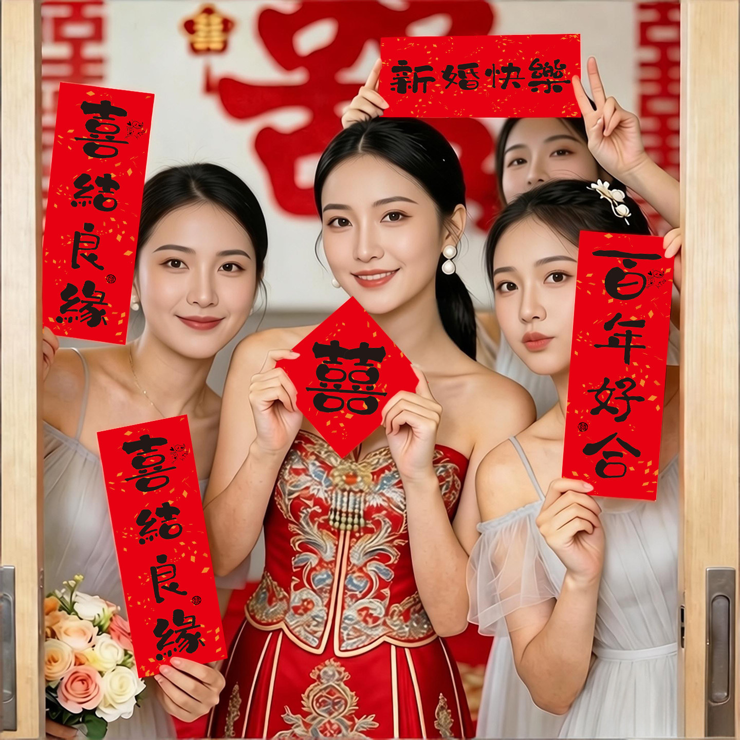 晨袍拍照道具结婚礼神器小对联女新娘中式出片接亲摆拍工具手持图片