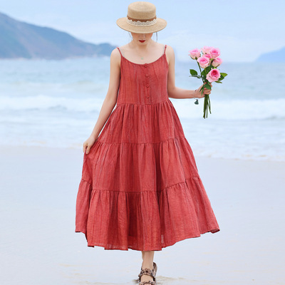 2025夏新款亚麻炒色皱加捻大摆裙