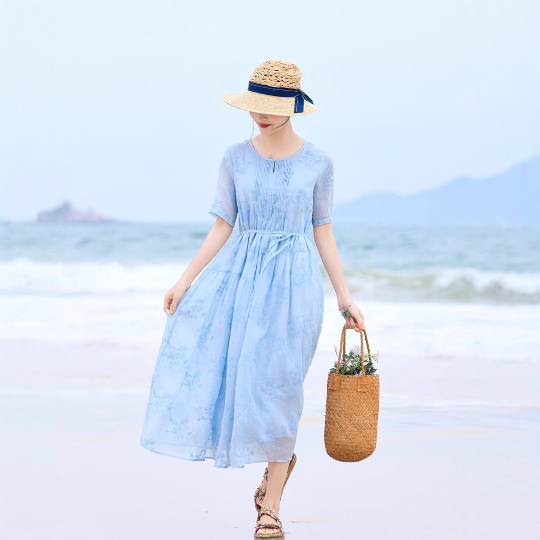 2025夏季新款宽松飘逸大摆长裙女 复古文艺圆领五分袖连衣裙海边