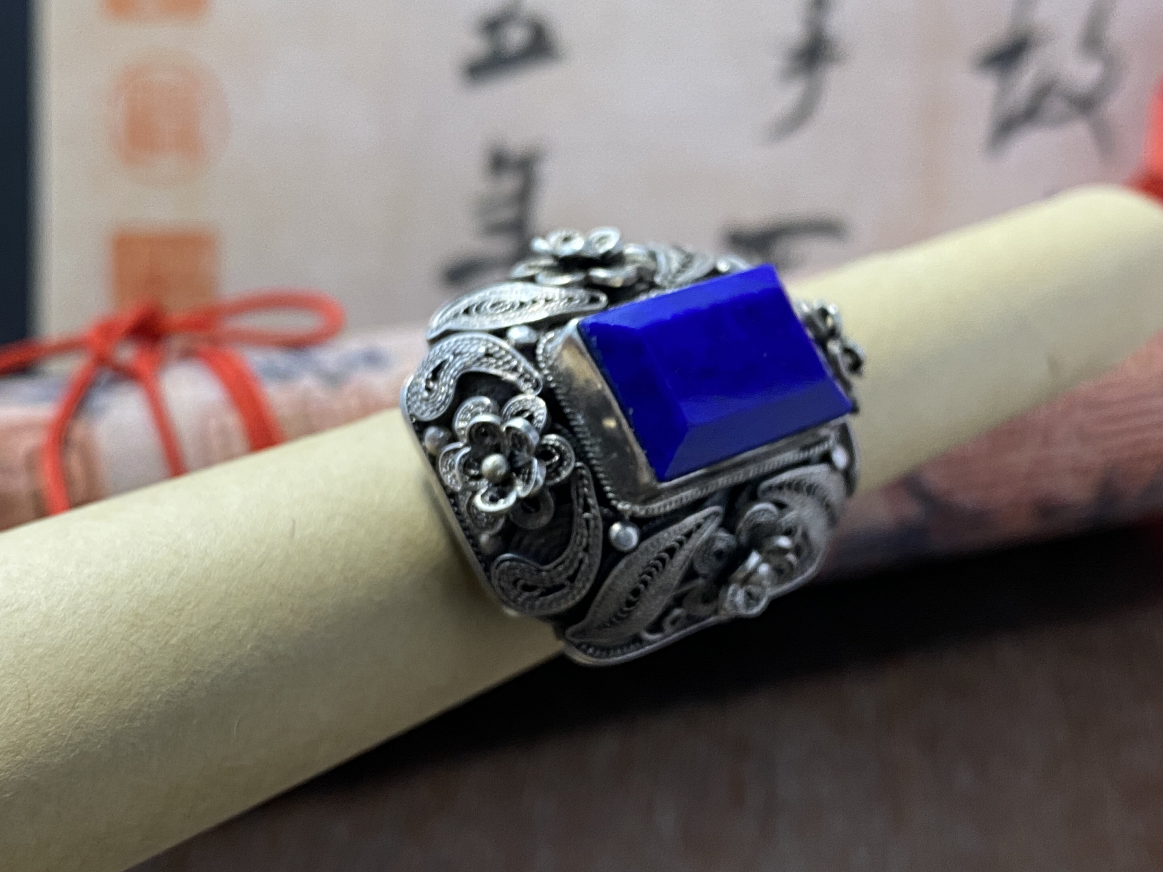 银花丝镶嵌帝王青金石方戒指 非遗宫廷复古纯手工掐丝珐琅汉服饰