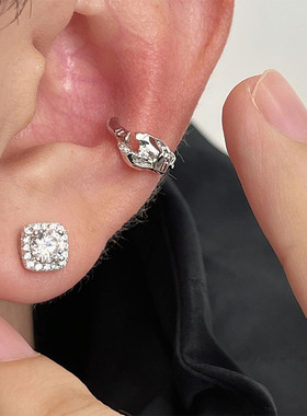 原创设计S925纯银炫闪冰糖满钻耳钉男士HIPHOP嘻哈潮流高级感耳饰