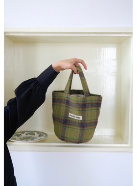 On Our Own 21FW 原创 咸菜绿 茶褐棕圆底羊毛格子手拎包袋水桶包