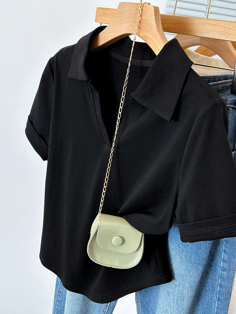 플러스 사이즈 여성 여름 지방 MM 세련되고 다재다능한 슬리밍 옷깃 반팔 티셔츠 여성 매력 티셔츠 탑 트렌디