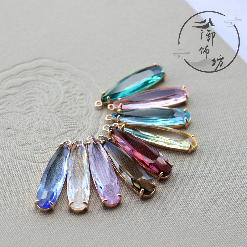 稀土玻璃长水滴吊坠纯铜电泳保色包边水晶钻手工古风发簪步摇材料