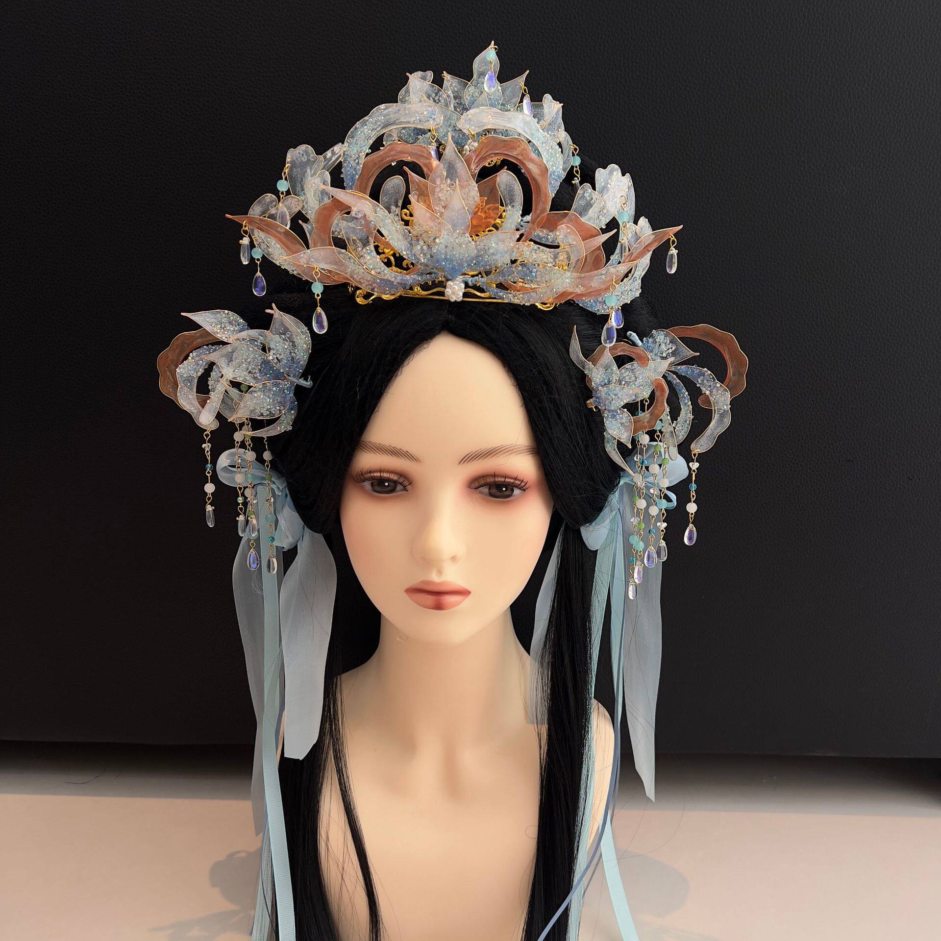 超仙汉服神女发冠超仙蓝色系造花液古风汉服莲花发冠头饰套装