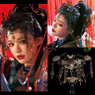 非遗傩戏妆照中式美学头饰女做旧古铜色流苏蝴蝶发冠发饰古装汉服