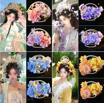 新品原创宋制绢花双面花冠头饰古风汉服发饰花仿珍珠花冠山口冠