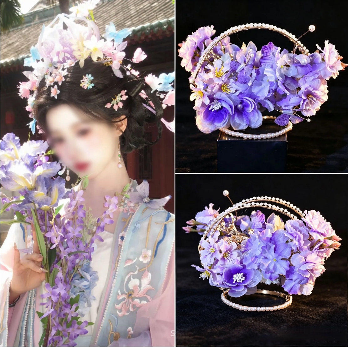 新款宋制发冠紫色花神造型花冠汉服珍珠洛神仙子发冠甜美花朵发饰