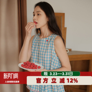 甜美家居服套装 朵朵可可睡衣女2026春夏棉麻小格纹圆领无袖 七分裤