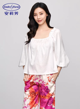 安莉芳纯棉家居服套装女士白色泡泡袖衬衫减龄休闲可外穿EL00726