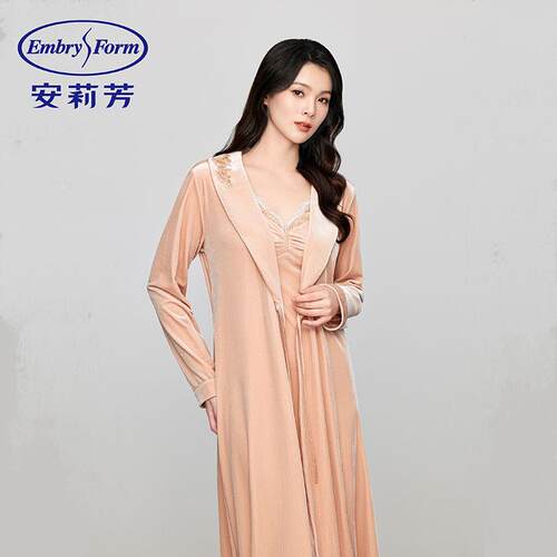 丝绒女士秋冬长袖V领睡裙套装